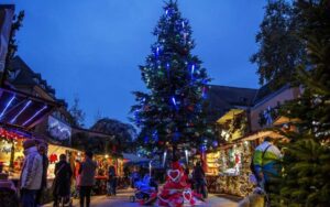 Colmar Christmas Market illuminated at dusk with a glowing Christmas tree, festive holiday stalls, and families enjoying the magical evening atmosphere. Perfect for winter travel and family-friendly holiday experiences in Alsace, France.
