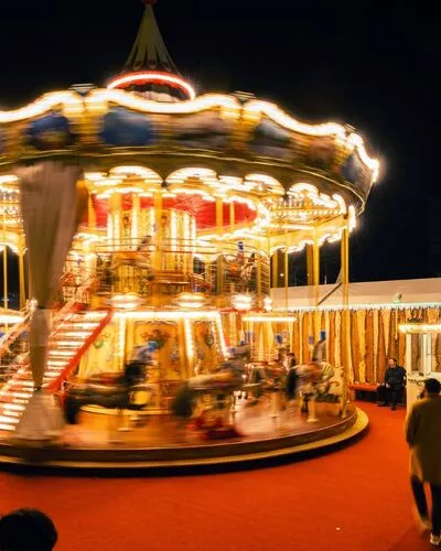 Top 10 Kindvriendelijke Kerstmarkten in Belgiƫ 96 Brightly lit vintage carousel spinning with festive horses at Hasselt Christmas Market in Belgium, offering joyful rides and magical Winterland holiday fun for children and families.