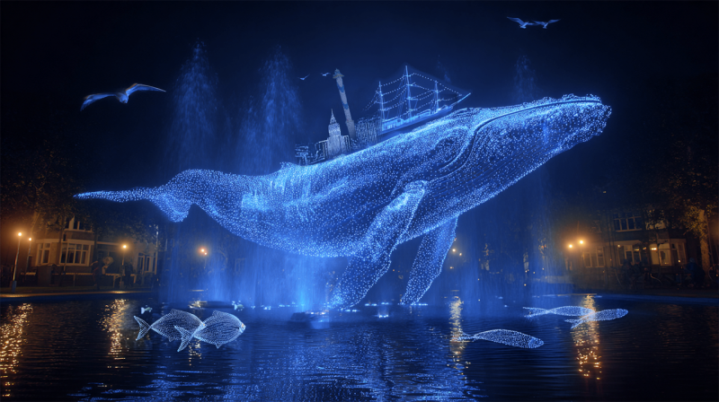 Top 10 Kindvriendelijke Kerstmarkten in Belgiƫ 100 Stunning illuminated whale light sculpture and ship fountain show at Ostend Christmas Market in Belgium, mesmerizing visitors with creative art, glowing reflections, and festive night atmosphere.