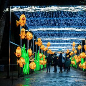 Families walking through a dazzling illuminated tunnel decorated with fish lanterns and festive lights at Paris Christmas Market. Unique holiday attraction with creative decorations, ideal for winter travel and Christmas fun in Paris, France.