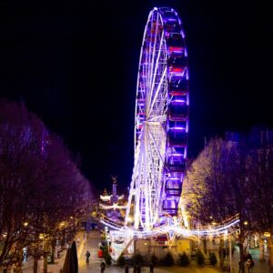 Visitors enjoying the brightly lit Ferris wheel at Reims Christmas Market, surrounded by sparkling holiday decorations and festive trees at night. A magical winter destination for family travel and Christmas celebrations in Reims, France.
