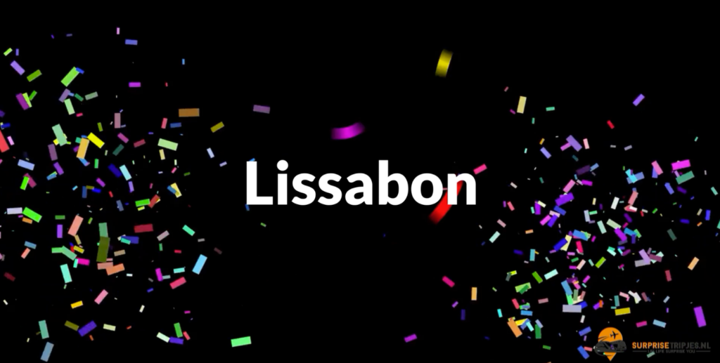Onthulling van de bestemming Lissabon bij een surprisetrip van Surprisetripjes.nl met confetti-effect